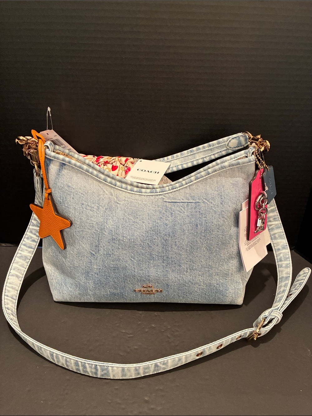 Coach Denim Laurel Crossbody with Charms and Sculpted C and Cherries Twilly. NWT